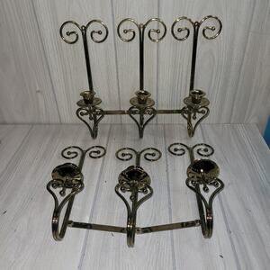 Vtg Brass Wall Mount Triple Sconce Pair Home Interior Candle Holders Gothic MCM